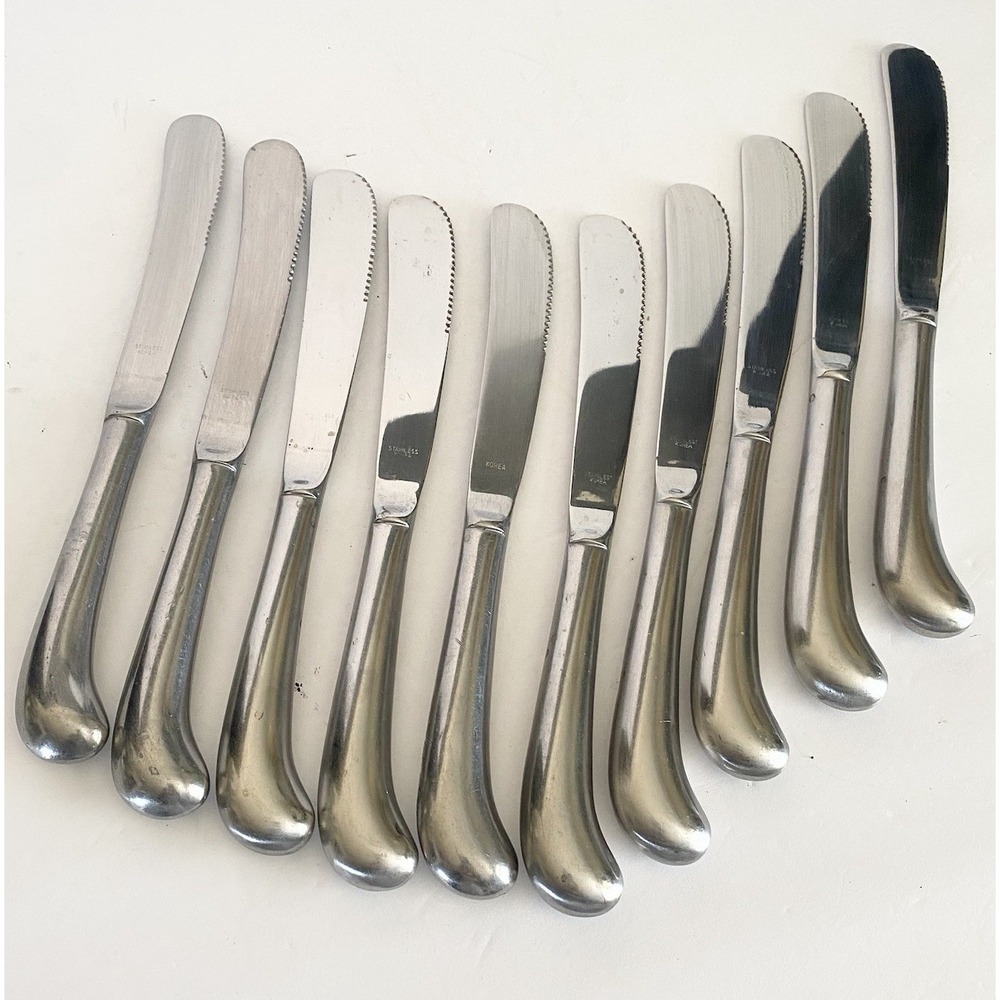 Vtg Lot Of 10 Pistol grip butter knives Stainless Steel Flat Wear Korea MCM